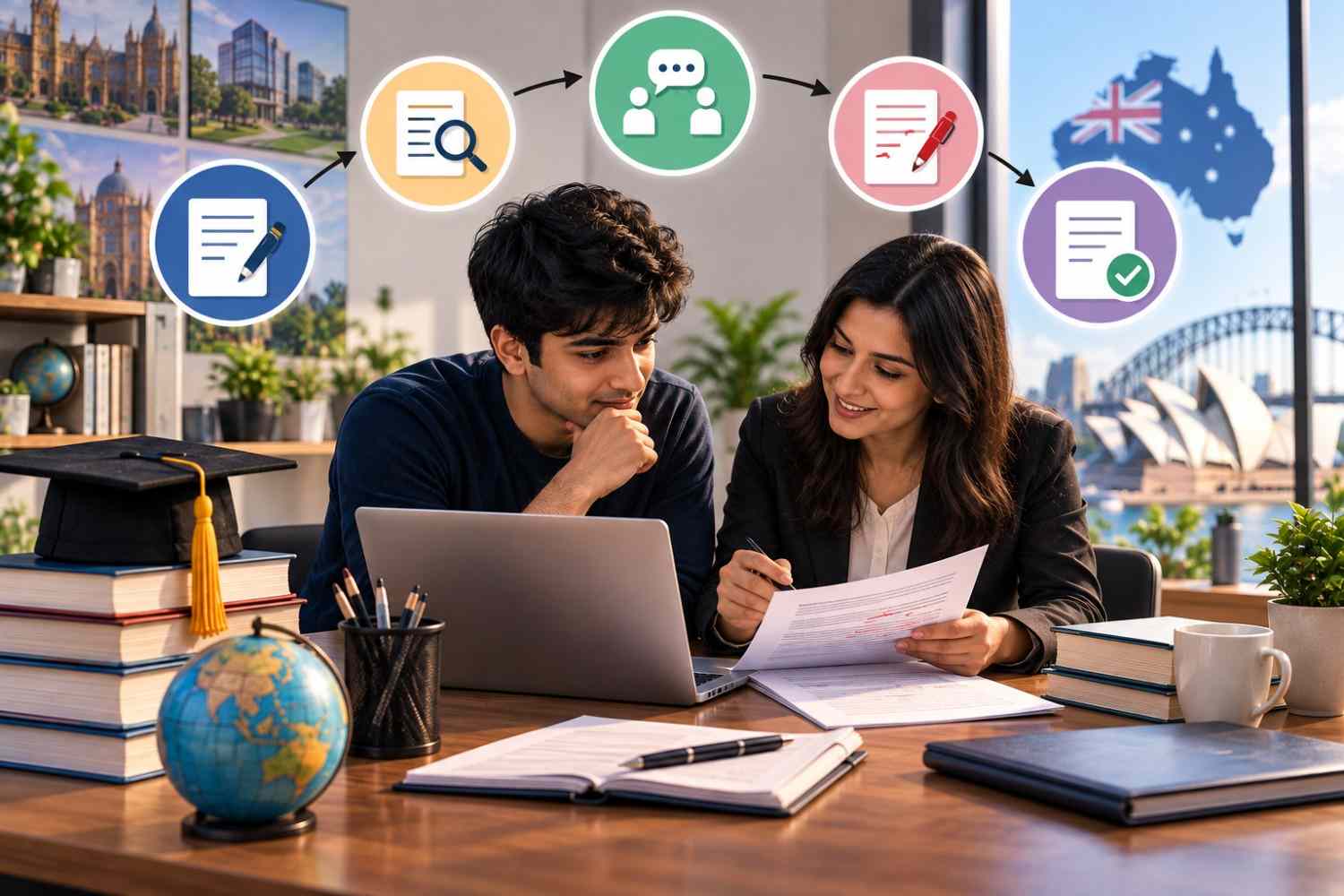 Two students reviewing and editing an MBA essay on a laptop, with connected icons representing drafting, feedback, editing, and final approval, alongside academic and Australian study-abroad imagery.